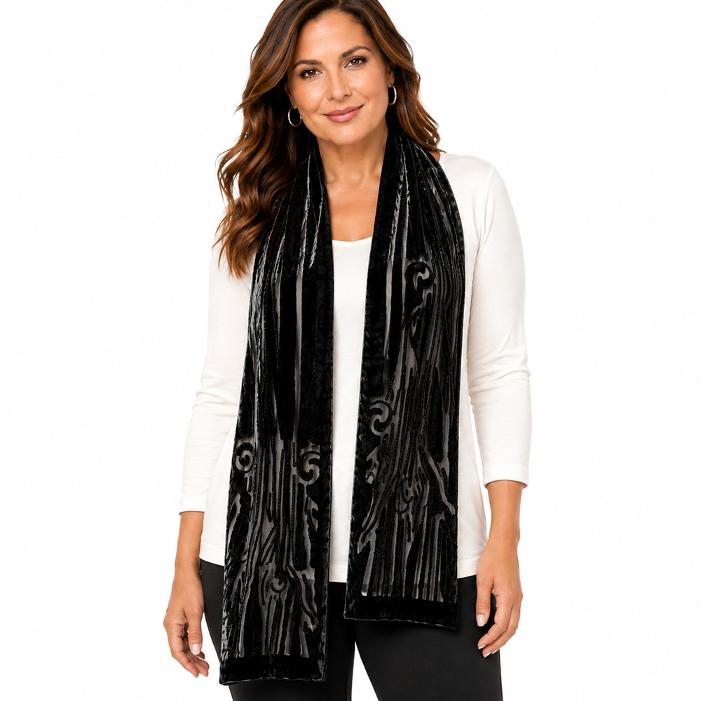 Chicos Black Burnout Gray Velvet Wrap Scarf Silk Blend Formal Whimsigoth 20x62"
